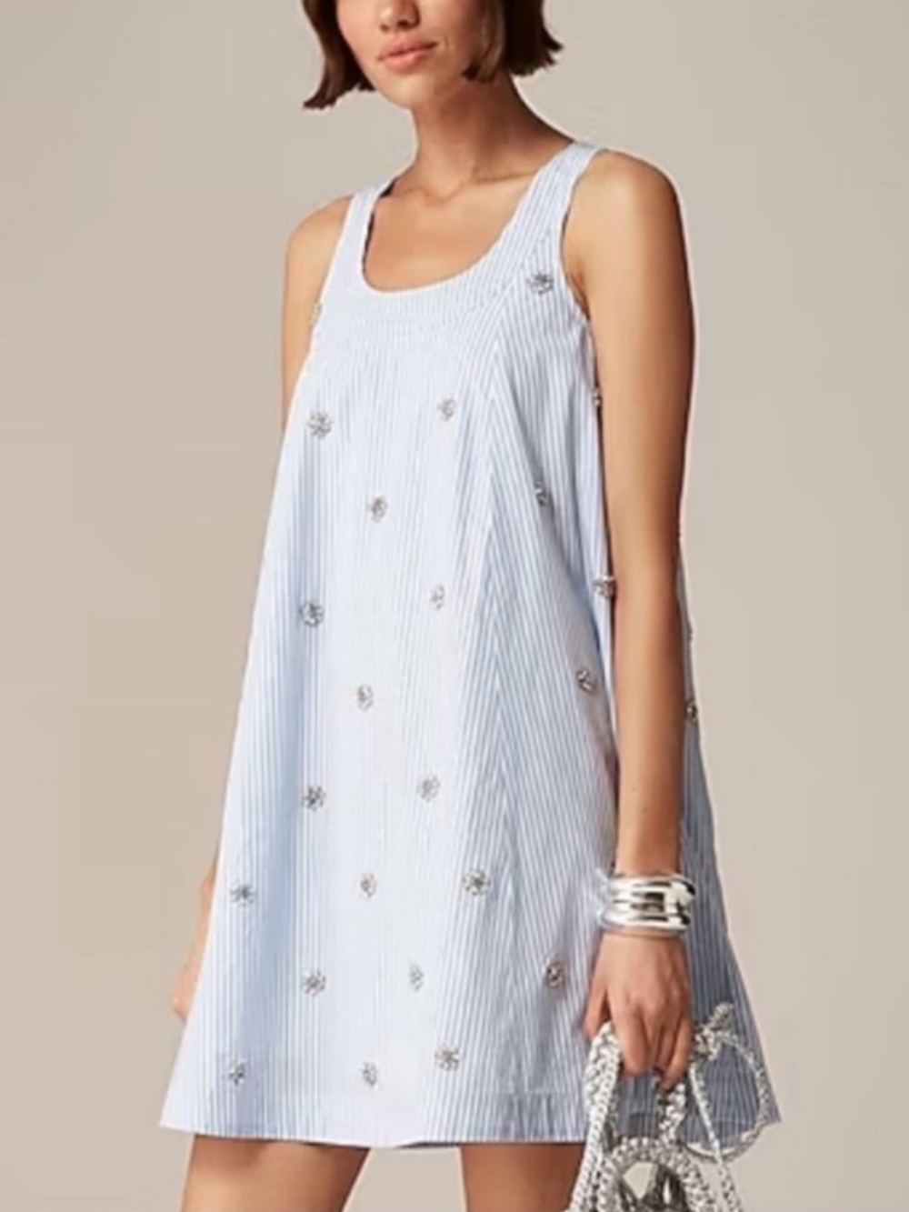 J Crew Embellished Shift Dress NWT Blue Striped Cotton Poplin Crystal Flowers L